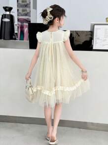 青少年女孩夏季透明花卉金箔连衣裙 - 杏色 - 查看 7