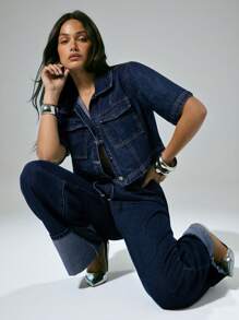 Flap Pocket Button Front Casual Boxy Cropped Denim Top - Dark Wash - View 5