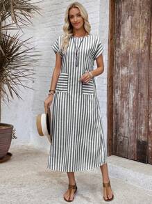 EMERY ROSE Women's Long Striped Dress With Short Sleeves, Fashionable And Suitable For Summer,Dresses For Women Summer