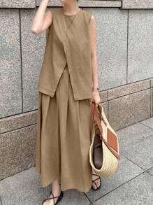 FRIFUL 2pcs Women Holiday Set: Sleeveless Split Hem Top And High Waist Skirt, Retro Style Linen - Khaki - View 3