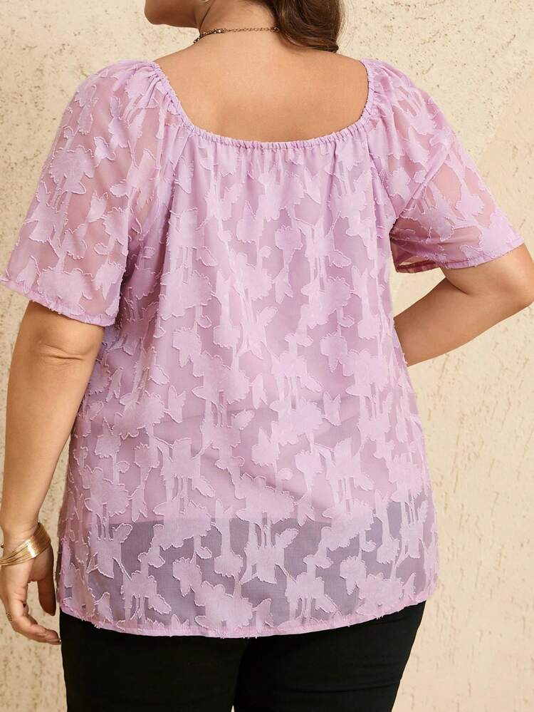 Plus Size Women's Notched Neck Lavender Short Sleeve Blouse,Elegant Summer Tunic Top For Wedding Guest,Tea Party,Business Casual Office Work Tops