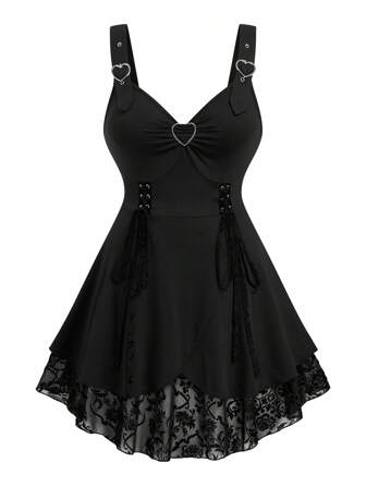 Sweetra Damen Große Größen Kleid mit Mais-Lochstickerei-Schnürung, Trägern und Herz-Aufnäher, Urlaubsstil