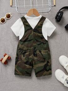 SHEIN Baby Boys' Summer Casual Patched Detail Baggy Straight Leg Denim Overalls Jumpsuit Jeans Shorts Without Tee, For Spring/Summer Outfits,Kids Denim Romper - Multicolor - View 6