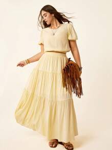 SHEIN LUNE Plus Size Solid Color Round Neck Puff Sleeve Shirt + Cream Yellow A-Line Midi Skirt, Casual Holiday Style Slouchy Casual Style Casual Wear Holiday Style Cream Yellow Two-Piece Suitow Two-Piece Suit Fall Women Clothes School Clothes Country Outfits Women Teacher Outfits For Women Country Outfits Women
