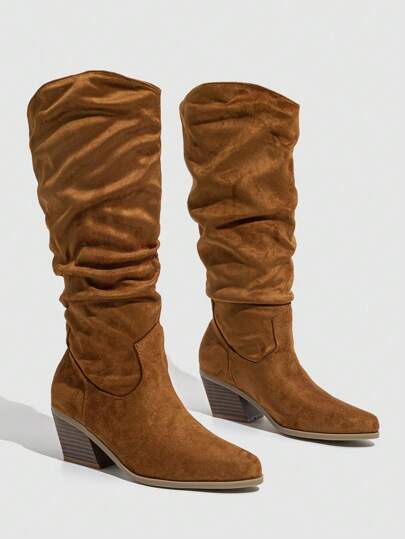 Daringsoles Women's Fall Brown Pointed Toe Chunky Heel Western Boots, Suede Embroidery Riding Boots For Autumn/Winter