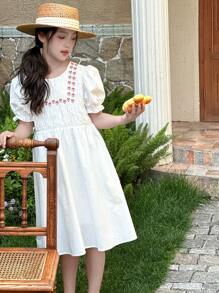 DAZY Tween Girls Round Neck Short Puff Sleeve Ruffled Casual Dress, Summer - White - View 7