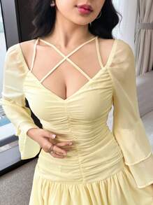 Feyla 女式纯色交叉带长袖中长连衣裙 - 黃色 - 查看 6