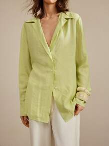 Ontre 2025年新款牛油果绿色长袖衬衫，可调节领带设计，适合春夏季、节日、毕业典礼、都市风格 - 綠色 - 查看 2