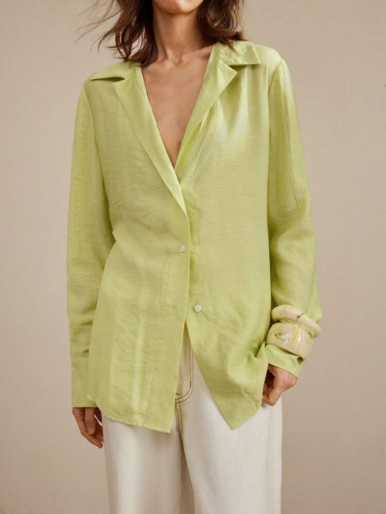2025 New Arrival Avocado Green Collared Long Sleeve Shirt With Adjustable Tie Design, Suitable For Spring/Summer, Festivals, Graduation, Urban Style