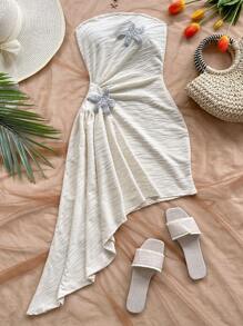 Soleia 女式亮橙色热带岛屿度假褶饰抹胸迷你连衣裙，饰有海星装饰