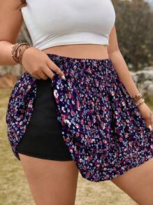 SHEIN LUNE 大码夏季女装玫瑰碎花弹力腰荷叶边裙裤 女装夏季服装 女装夏季套装 夏季服装 女式短裙 夏季女装 - 彩色 - 查看 2