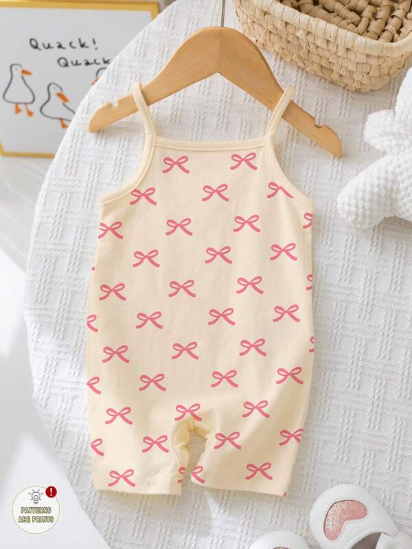SHEIN Baby Girl Cute Sweet Pink Bow Print Beige Casual Strap Romper, Suitable For Spring/Summer