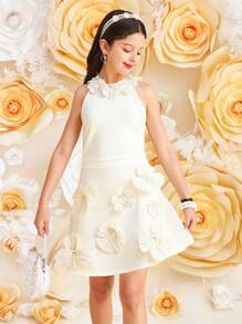 SHEIN Tween Girl Casual Elegant Knitted Solid Color 3D Rose Neck Tank Top & Mini Skirt 2-Piece Set, French Chic Outfit - Apricot - View 6