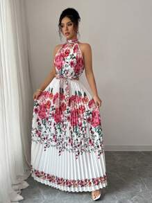 Elenzga Vestito lungo casual da donna senza maniche, con colletto alla coreana, stampa floreale francese elegante, con cintura e dettagli plissettati, adatto per primavera/estate