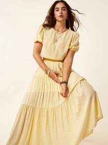 SHEIN LUNE Plus Size Solid Color Round Neck Puff Sleeve Shirt + Cream Yellow A-Line Midi Skirt, Casual Holiday Style Slouchy Casual Style Casual Wear Holiday Style Cream Yellow Two-Piece Suitow Two-Piece Suit Fall Women Clothes School Clothes Country Outfits Women Teacher Outfits For Women Country Outfits Women