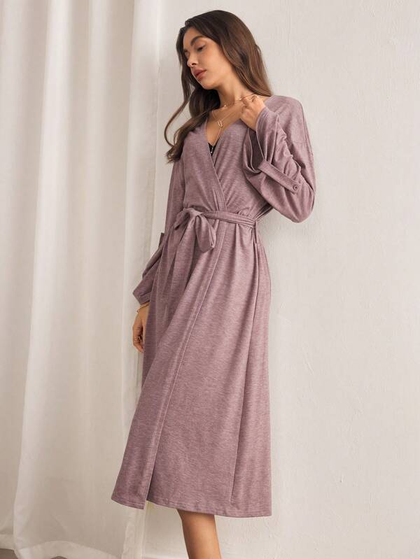 Lazeform Women Solid Color Knit Adjustable Design Long Sleeve Nightgown Robe