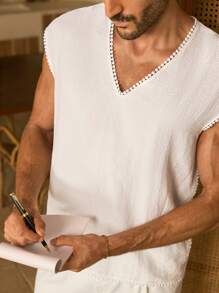 GENTILAND Men's V-Neck Pom Pom Trim Textured White Top - Lightweight, Bohemian Resort & Beach Essential! Men's Casual V-Neck Comfortable Tank Top, Suitable For Party, Beach, Daily. Men's Top, White V-Neck Top Men, Summer Breathable Tank Top Men, Textured Fabric Top Men, Pom Pom Trim Top Men, Ball Fringe V-Neck Top Men, Resort Wear Men's Top, Beach Style Sleeveless Shirt Men, Bohemian Style Men's Top, Lightweight Men's Top, SS25 New Men's Top, Men's Casual Sleeveless T-Shirt, White Linen-Look Top - White - View 5