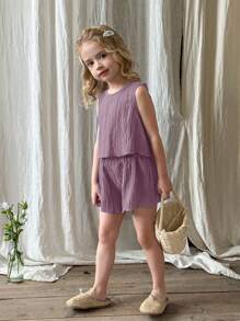 SHEIN LMoss Kids 2pcs Young Girl Woven Solid Color Round Neck Sleeveless Top And Shorts Set