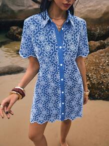 Poéselle Women Floral Print Short Sleeve Mini Dress - Blue - View 6