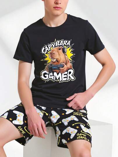SHEIN Tween Boys Pajama Set: Casual Gamepad Allover Print Black Knit Crew Neck Tee And Allover Game Controller Print Loose Shorts, Comfortable And Breathable For Summer