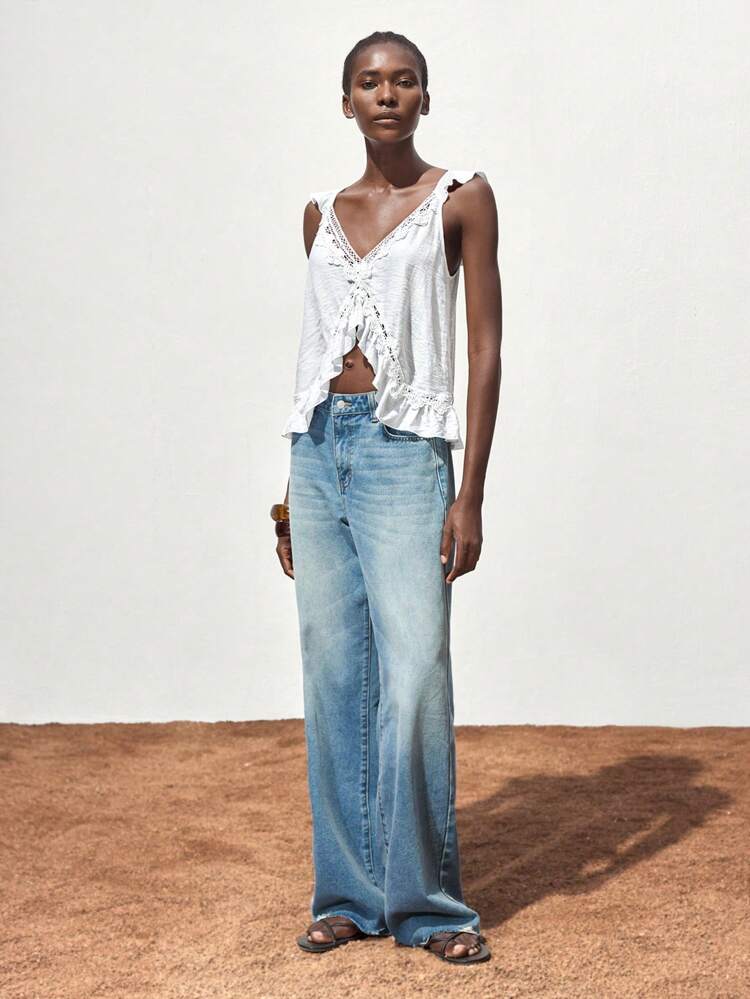 SHEIN Maija Women Lace Decor Ruffle Trim Sleeveless Tank Top,Vacation,Summer Holiday,Beach Going Out Graduation Casual Holiday Travel Romantic, Fashion, Versatile; Suitable For Summer Vacation, Comfortable, Bohemian Style, Beach Wear, Simple Daily Wear, Country Style, Essential, Solid Color, Holiday Casual, Decent, Single Lady,Y2k