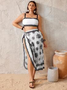 Swim Oasis Women Plus Size 3pcs Set White Summer Boho Beach Holiday Tube Top & High Waist Flared Skirt,Detachable Strap & Padding,Casual Resort Style Swimsuit - Multicolor - View 4