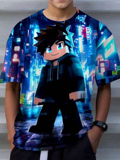 青少年男孩休闲经典像素方块人物赛博朋克图案印花短袖圆领 T 恤，适合夏季