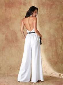 Glamine 女式无袖露背连体裤，夏季女士服装，夏季度假长款阔腿连体裤，适合日常约会、派对、聚会、鸡尾酒会、泳池派对、返校季、假日连体裤 - 白色 - 查看 1