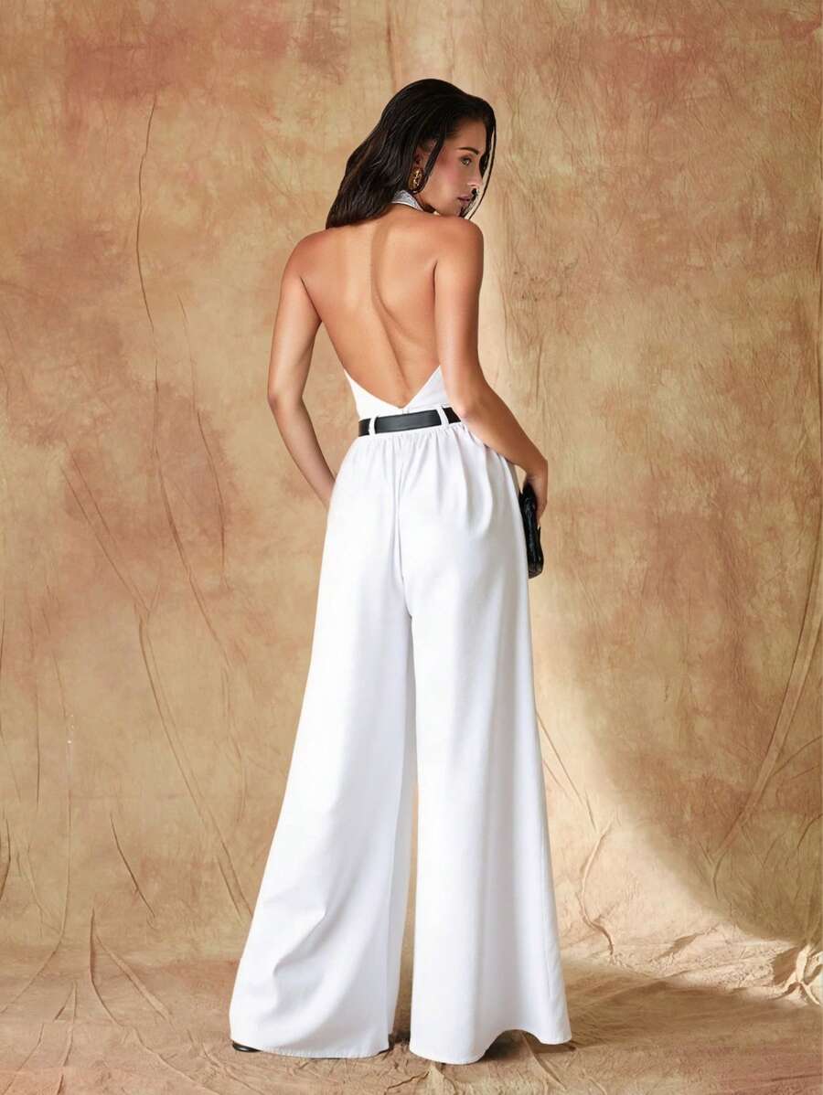 Glamine 女式无袖露背连体裤，夏季女士服装，夏季度假长款阔腿连体裤，适合日常约会、派对、聚会、鸡尾酒会、泳池派对、返校季、假日连体裤 - 白色 - 查看 1