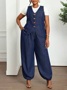 SHEIN Lady 大码休闲水洗牛仔背心和牛仔裤套装 - 深色水洗藍 - 查看 2