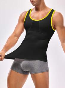 Men's Contrast Binding Breathable Elastic Compression Shapewear Top Slim Fit - Black - View 4