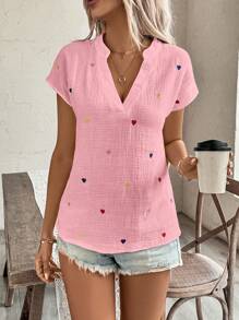 Ellegaria. 女式夏季心形印花V领蝙蝠袖短袖休闲衬衫 - 藕粉色 - 查看 5