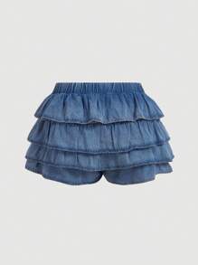 SHEIN MOD Plus Size Women Bow Decor Ruffle Trim Denim Skirt Pants - Light Wash - View 2