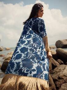 Anewsta 女士花卉印花流苏边长袖超长和服度假罩衫