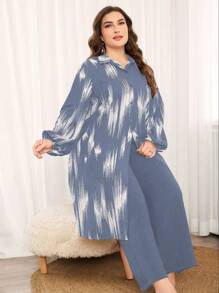 Lacomfia 2pcs/Set Plus Size Casual Commute Minimalist Long Shirt With Random Print, Stylish 2 Pieces Set Fall Cloth For Women - Dusty Blue - View 1