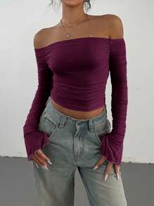 Aloruh Women's Autumn Solid Color Long Sleeve Off Shoulder Ruched Fitted Fashion T-Shirt - Purple - View 1