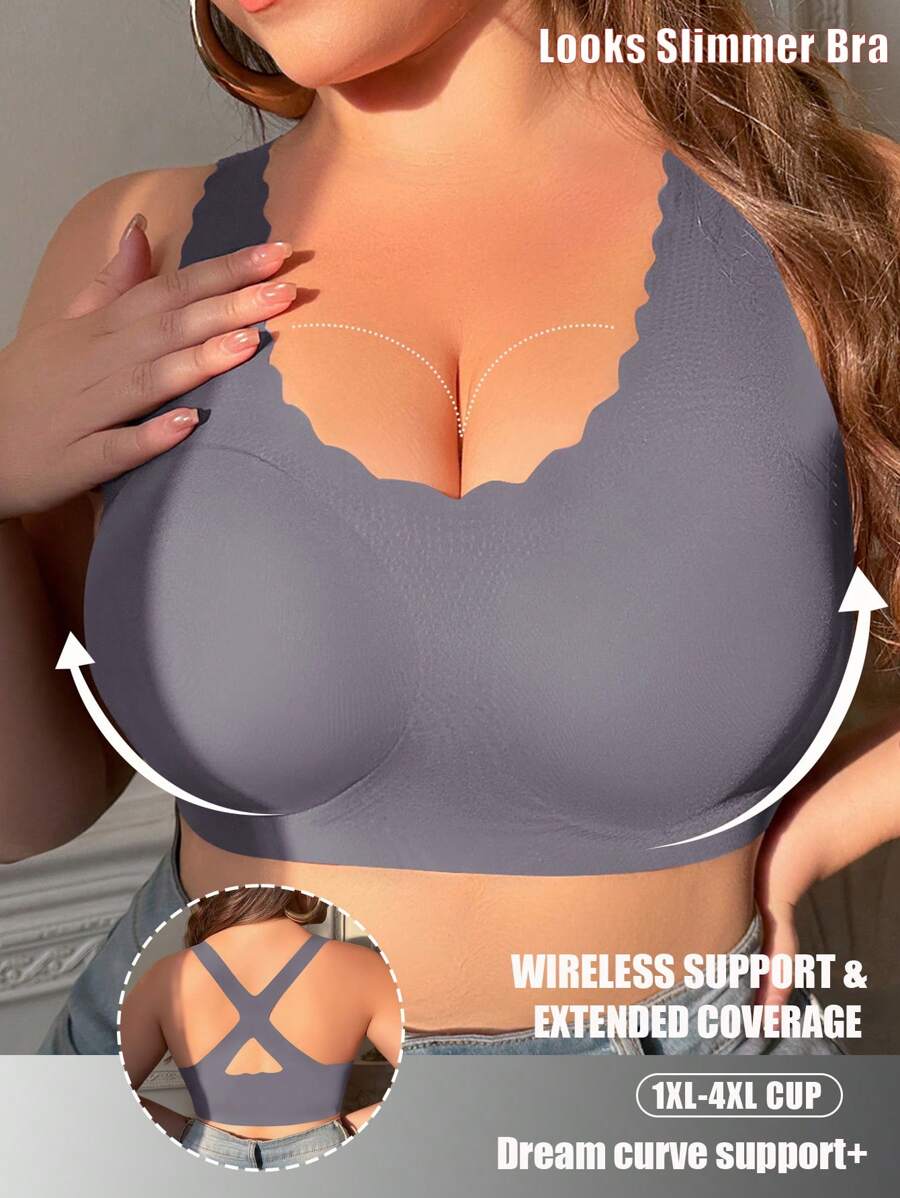 Sutien de mărime plus lenjerie pentru femei fără sârmă, culoare solidă, la modă potrivită pentru vară - Gri inchis - Vizualizare 1
