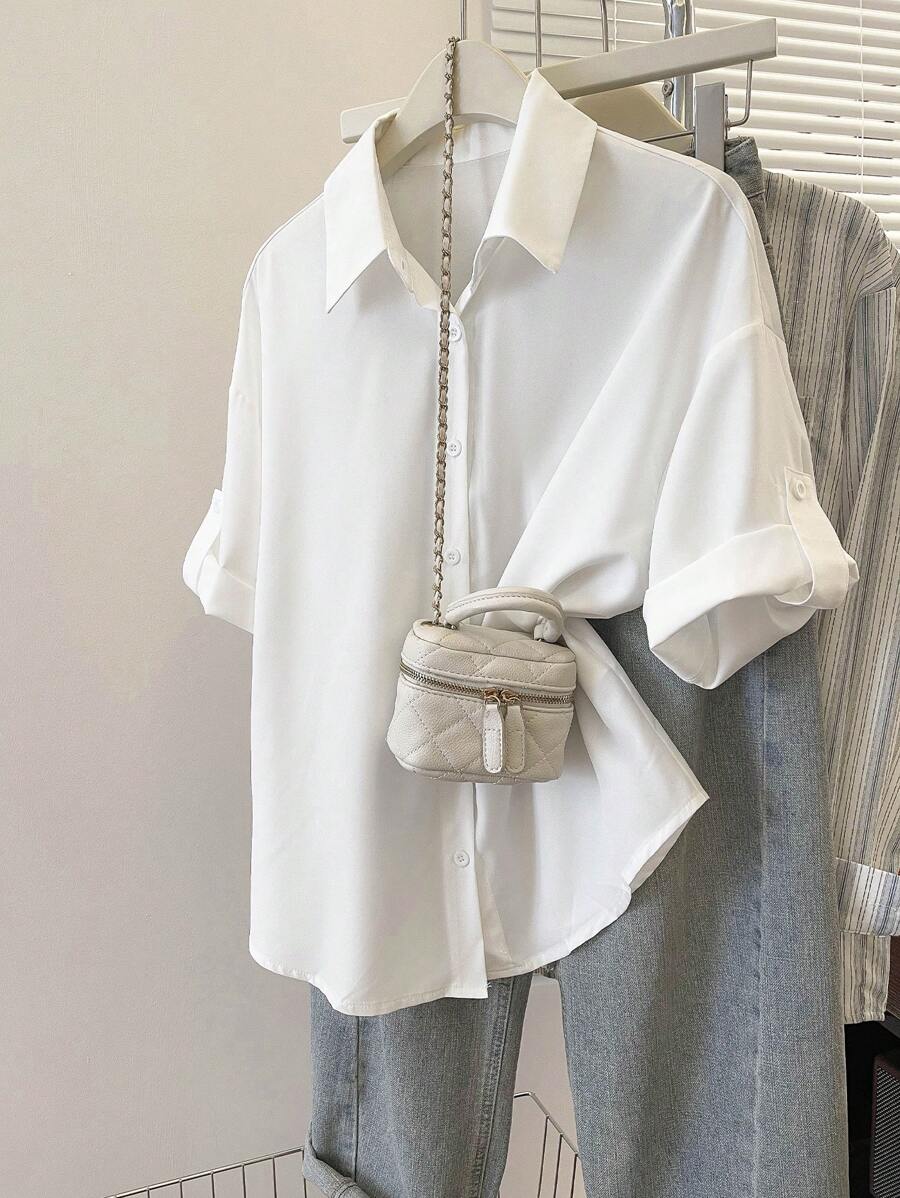 Resyla Women's Solid Color Button-Front Casual Short Sleeve Shirt, Summer - White - View 1