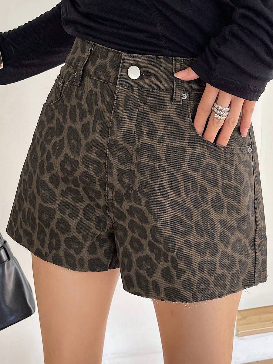 DAZY Women's Summer Leopard Print Fringe Hem Super Short Denim Shorts