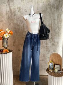 SHEIN EZwear Quần Jeans Ống Rộng Lưng Thấp Màu Xanh Dương Cho Nữ - Màu xanh lam - Xem 3