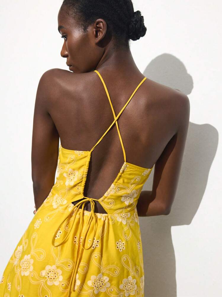 SHEIN Maija Summer White And Yellow Boho Vacation Holiday Women's Dress,Embroidered Backless Criss-Cross Tie-Up Bow Cutout,Elegant Wedding Guest Outfit