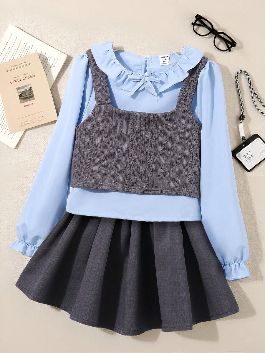 SHEIN 青少年女孩纯色衬衫、针织背心和蕾丝边百褶迷你裙套装 - 灰色 - 查看 1