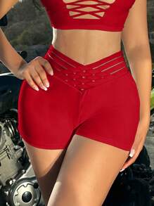 SHEIN SXY Women's Summer Low Waist Solid Color Hollow-Out Sexy Shorts - Red - View 3