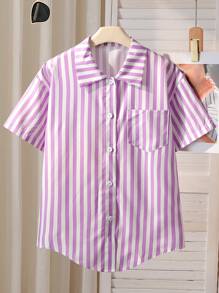 Blus Bergaris untuk Remaja Perempuan + Motif Grafiti Hati Serbaguna + Kemeja Kasual Gaya Jalanan yang Keren dan Manis, Musim Panas - Purple - View 2