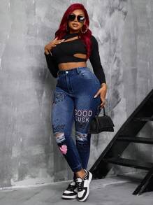 SHEIN SXY Plus Size Denim Stretch Skinny Jeggings With Elastic Waist And Printed Design
