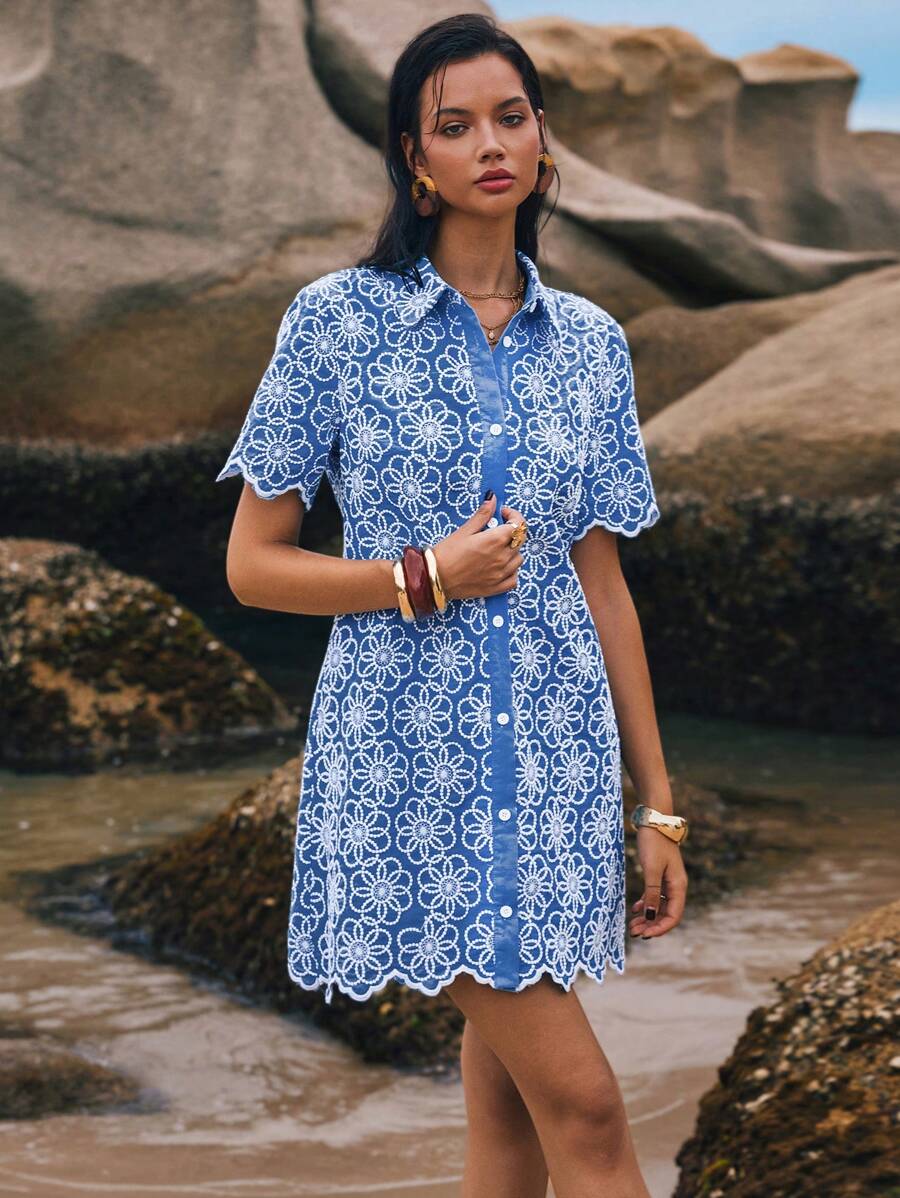 Poéselle Women Floral Print Short Sleeve Mini Dress - Blue - View 1