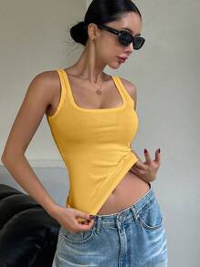 DAZY Women Square Neck Ribbed Slim Fit Casual Yellow Tank Top, Summer - Yellow - View 4