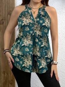 SHEIN LUNE Áo cổ yếm in họa tiết hoa thanh lịch cỡ lớn mùa hè - màu xanh lá - Xem 3