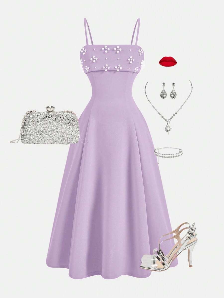 SHEIN Váy chữ A thắt eo trang trí ngọc trai tối giản thanh lịch cho bé gái tuổi mới lớn - Màu tím hoa cà - Xem 1