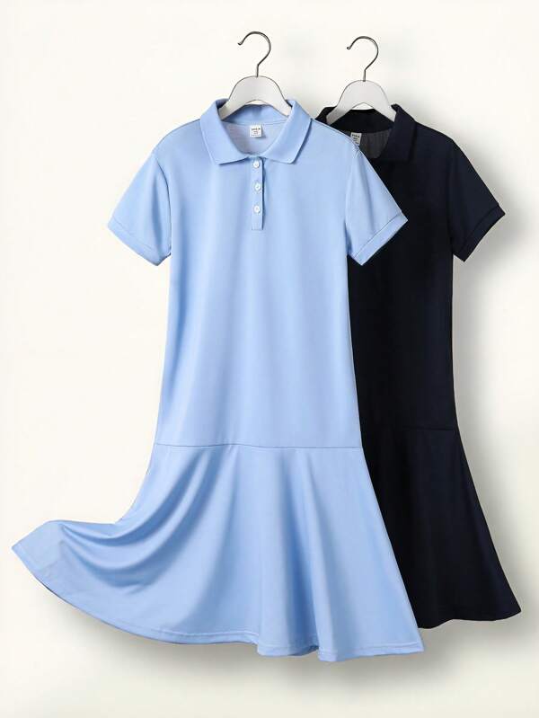 SHEIN Fashionable Girls Judy Collar Blue Solid Dress, 2pcs Outfit Set Featuring Stand Collar Long Dress, Versatile For Outdoor, Travel, Vacation, Spring/Summer